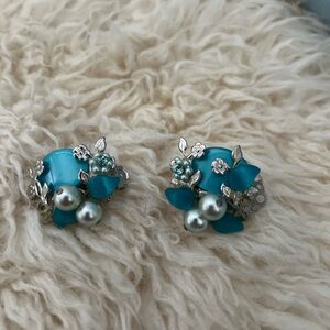 Vintage Silver and Teal Blue Floral Clip-On Earrings